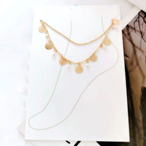 White Beads Double Chain Gold Color Anklet